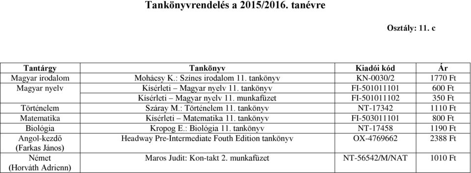 tankönyv NT-17342 1110 Ft Matematika Kísérleti Matematika 11. tankönyv FI-503011101 800 Ft Biológia Kropog E.: Biológia 11.