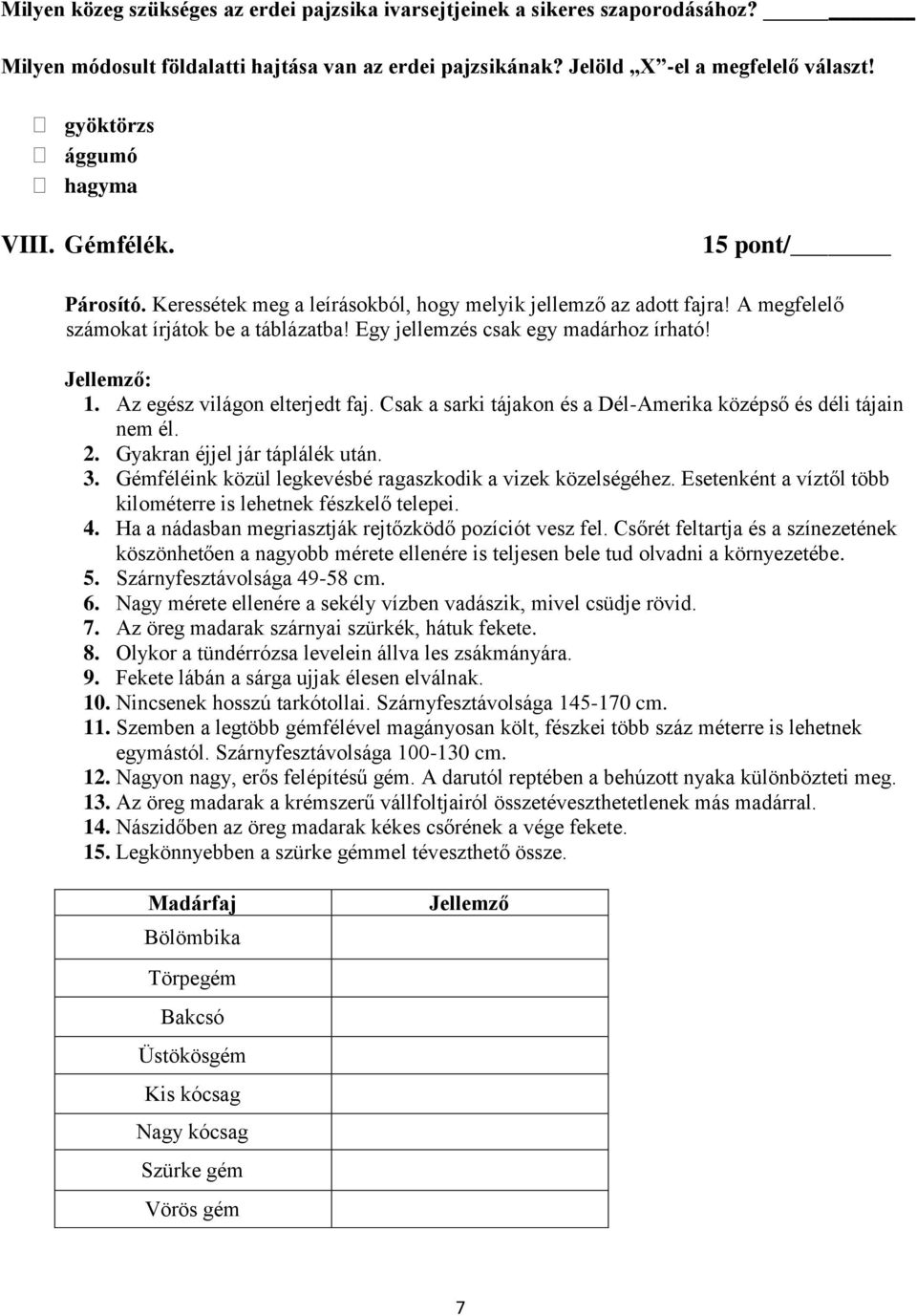 Egy jellemzés csak egy madárhoz írható! Jellemző: 1. Az egész világon elterjedt faj. Csak a sarki tájakon és a Dél-Amerika középső és déli tájain nem él. 2. Gyakran éjjel jár táplálék után. 3.