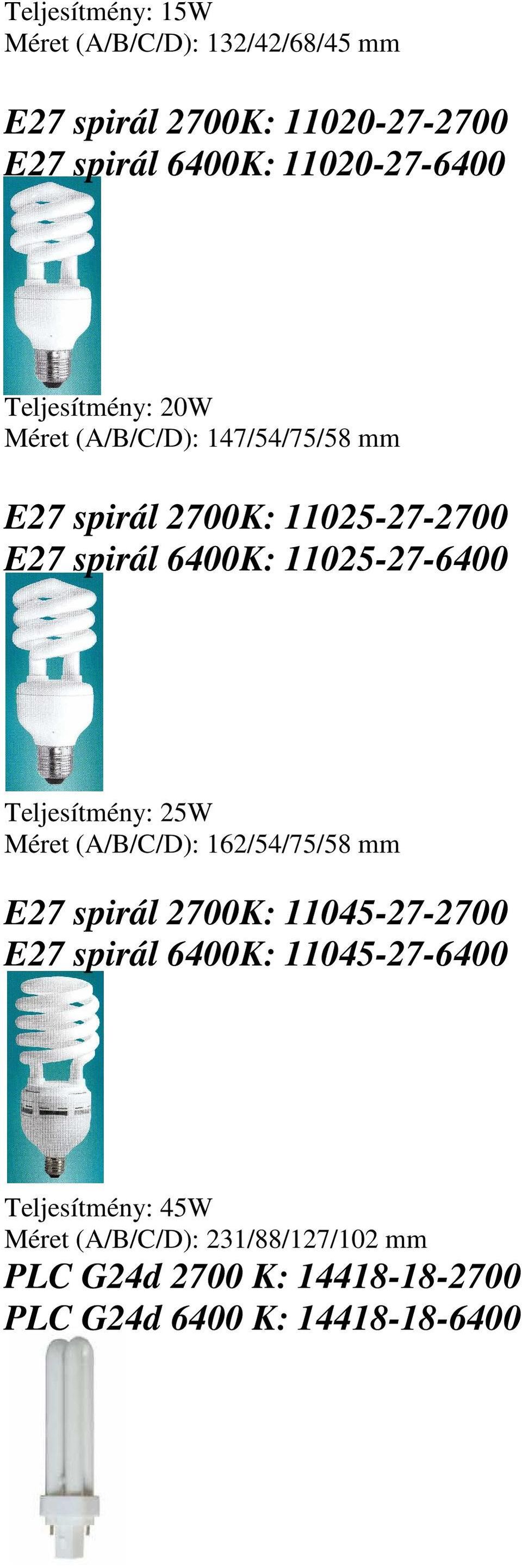 Teljesítmény: 25W Méret (A/B/C/D): 162/54/75/58 mm E27 spirál 2700K: 11045-27-2700 E27 spirál 6400K: 11045-27-6400