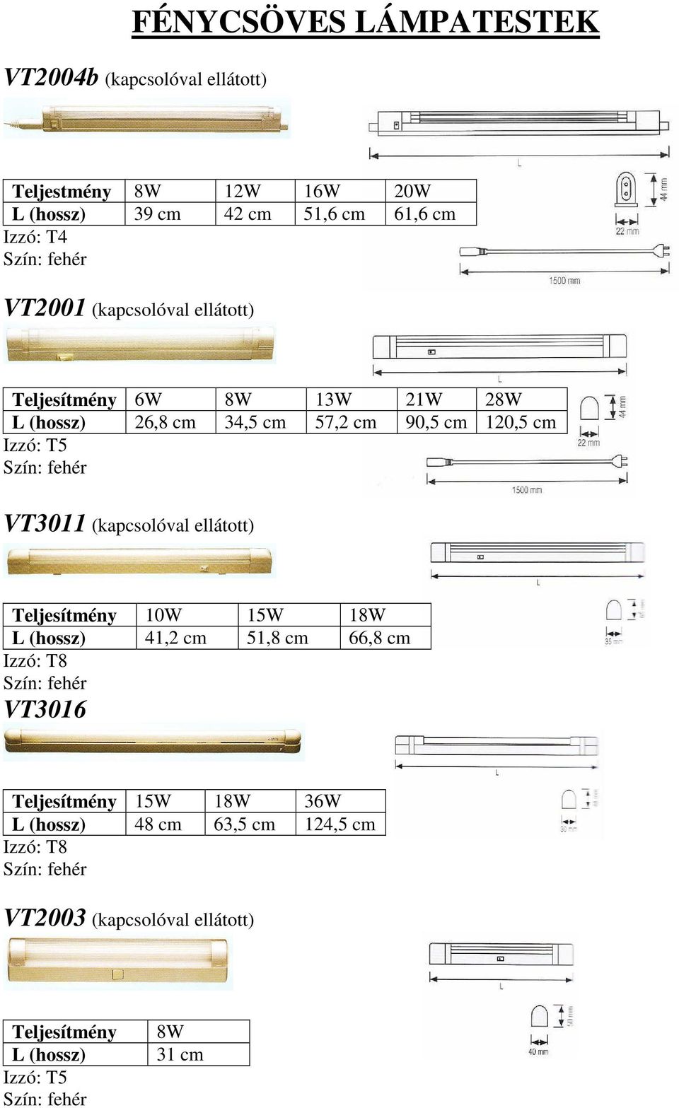 fehér VT3011 (kapcsolóval ellátott) Teljesítmény 10W 15W 18W L (hossz) 41,2 cm 51,8 cm 66,8 cm Izzó: T8 Szín: fehér VT3016 Teljesítmény