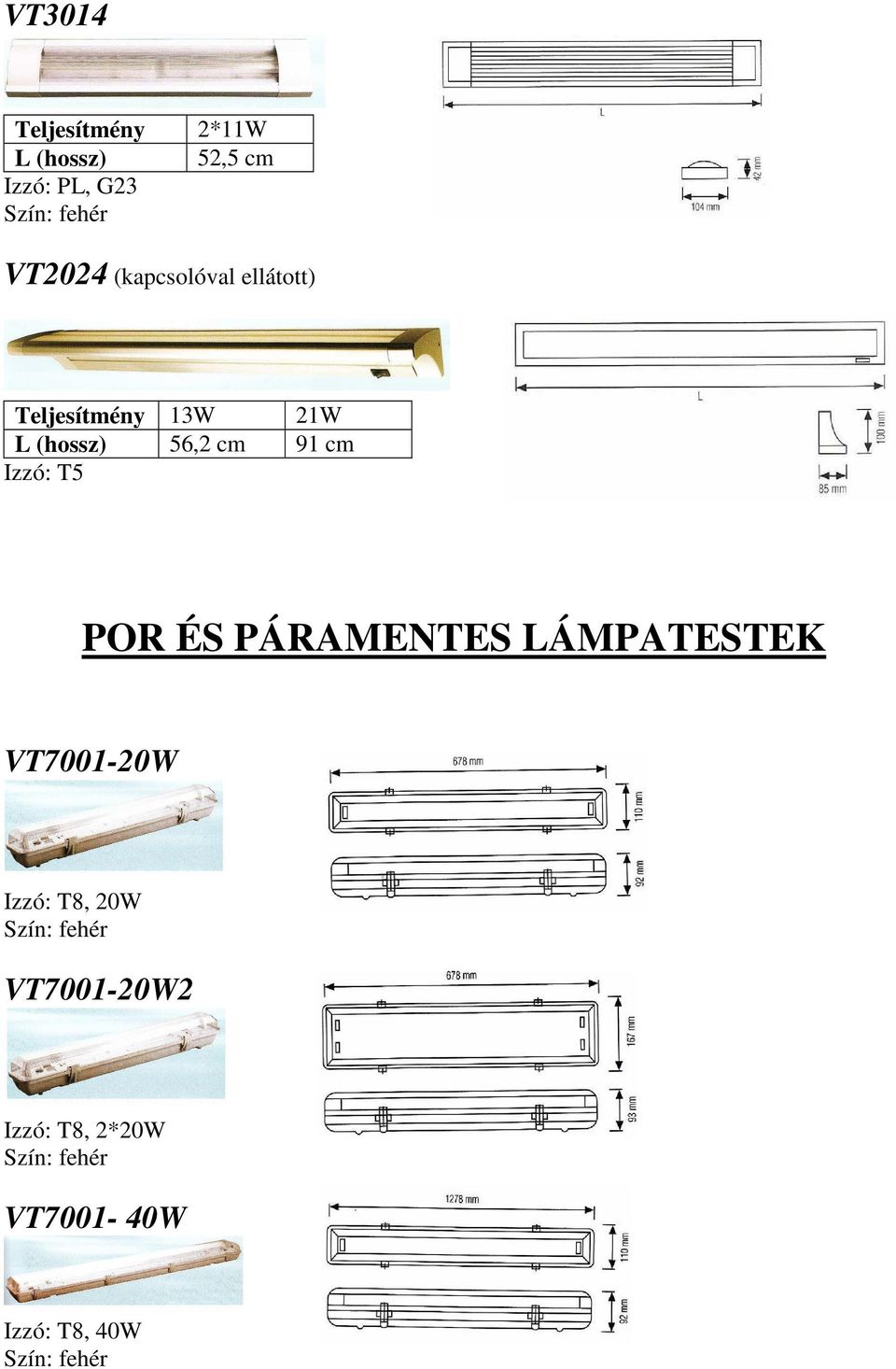 Izzó: T5 POR ÉS PÁRAMENTES LÁMPATESTEK VT7001-20W Izzó: T8, 20W Szín: