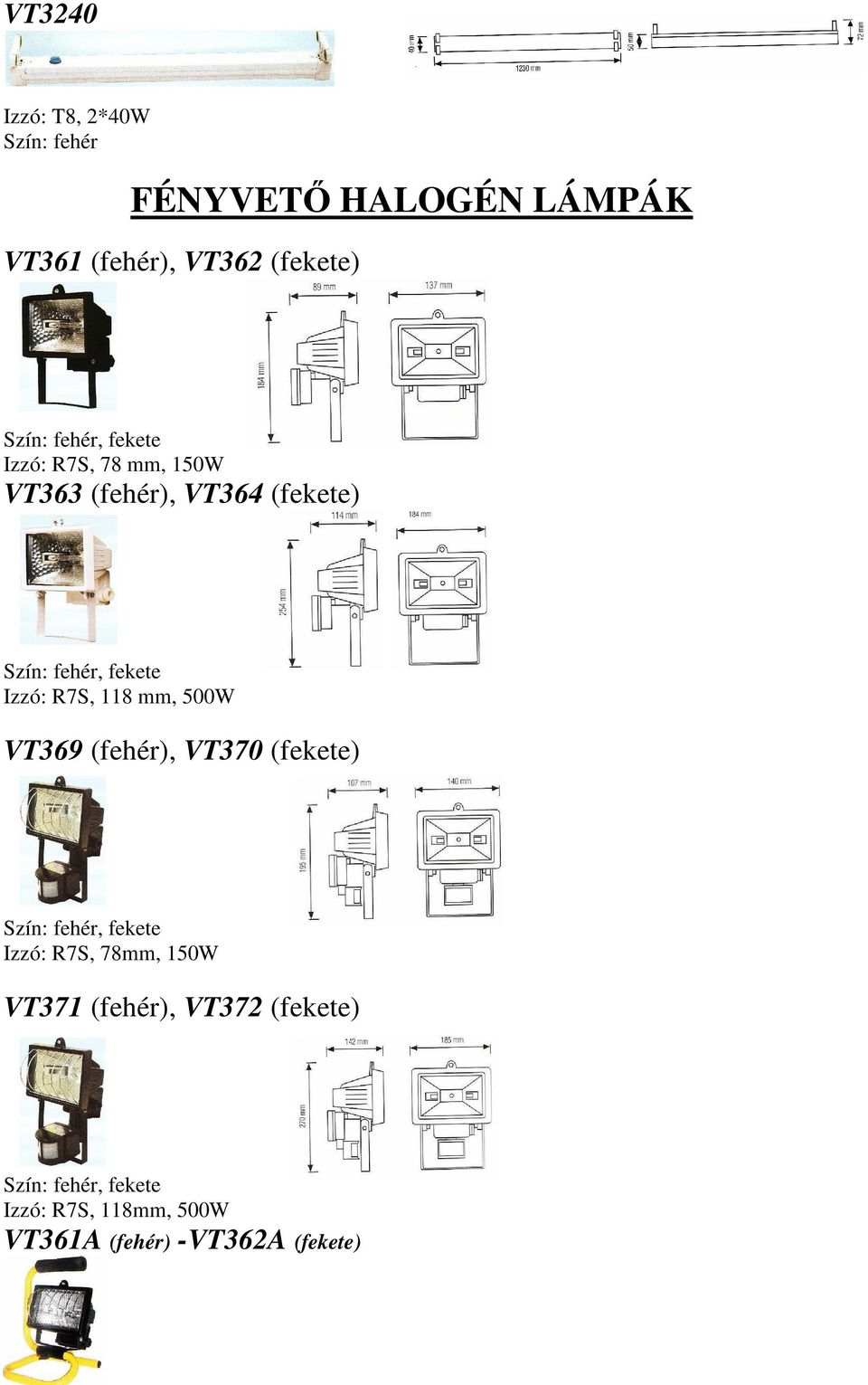 R7S, 118 mm, 500W VT369 (fehér), VT370 (fekete) Szín: fehér, fekete Izzó: R7S, 78mm, 150W VT371