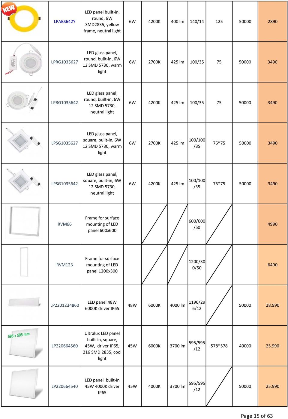 6W 2700K 425 lm 100/100 /35 75*75 50000 3490 LPSG1035642 LED glass panel, square, built in, 6W 12 5730, neutral light 6W 4200K 425 lm 100/100 /35 75*75 50000 3490 RVM66 Frame for surface mounting of