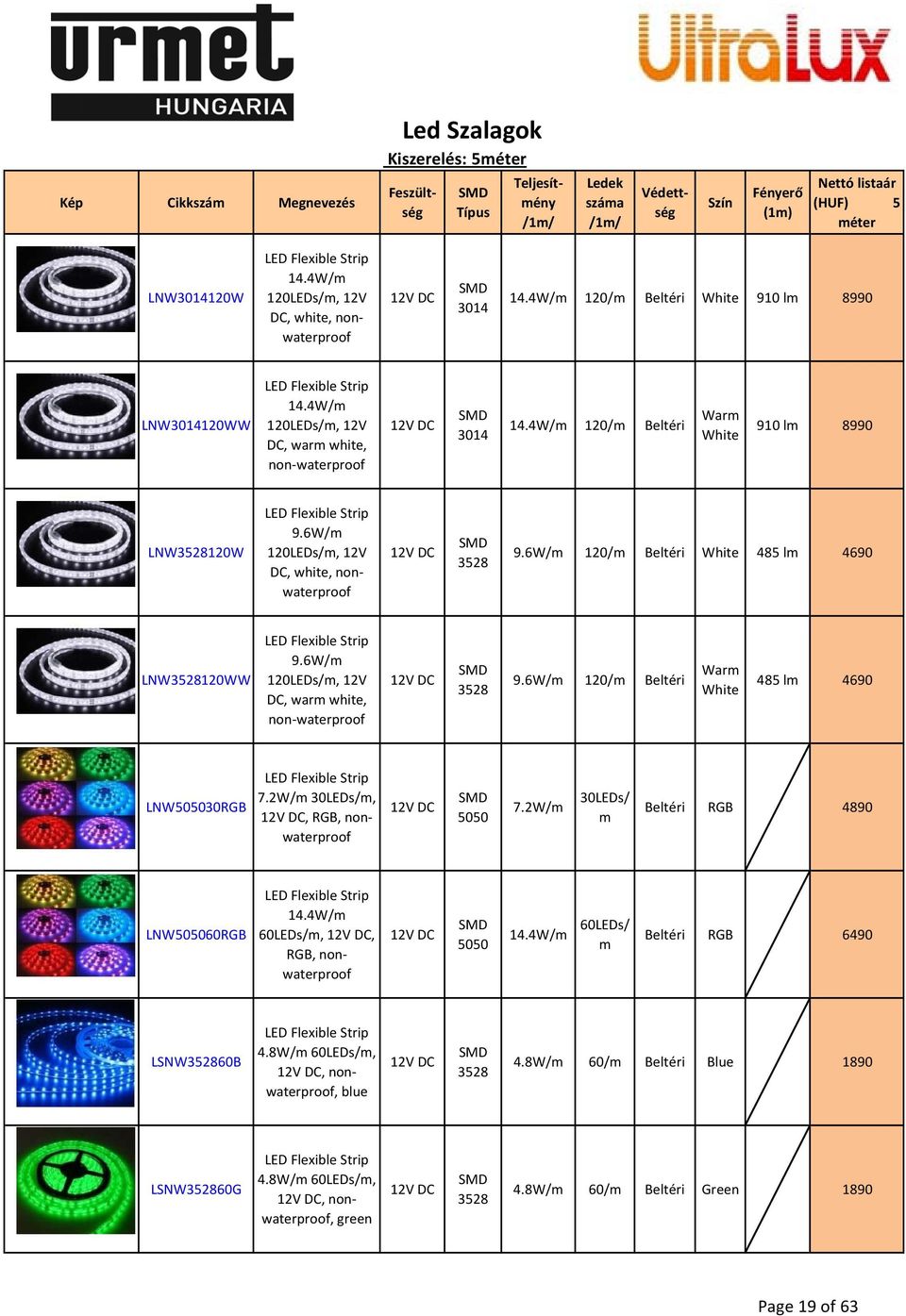 4W/m 120/m Beltéri Warm White 910 lm 8990 LNW3528120W LED Flexible Strip 9.6W/m 120LEDs/m, 12V DC, white, nonwaterproof 3528 9.6W/m 120/m Beltéri White 485 lm 4690 LNW3528120WW LED Flexible Strip 9.