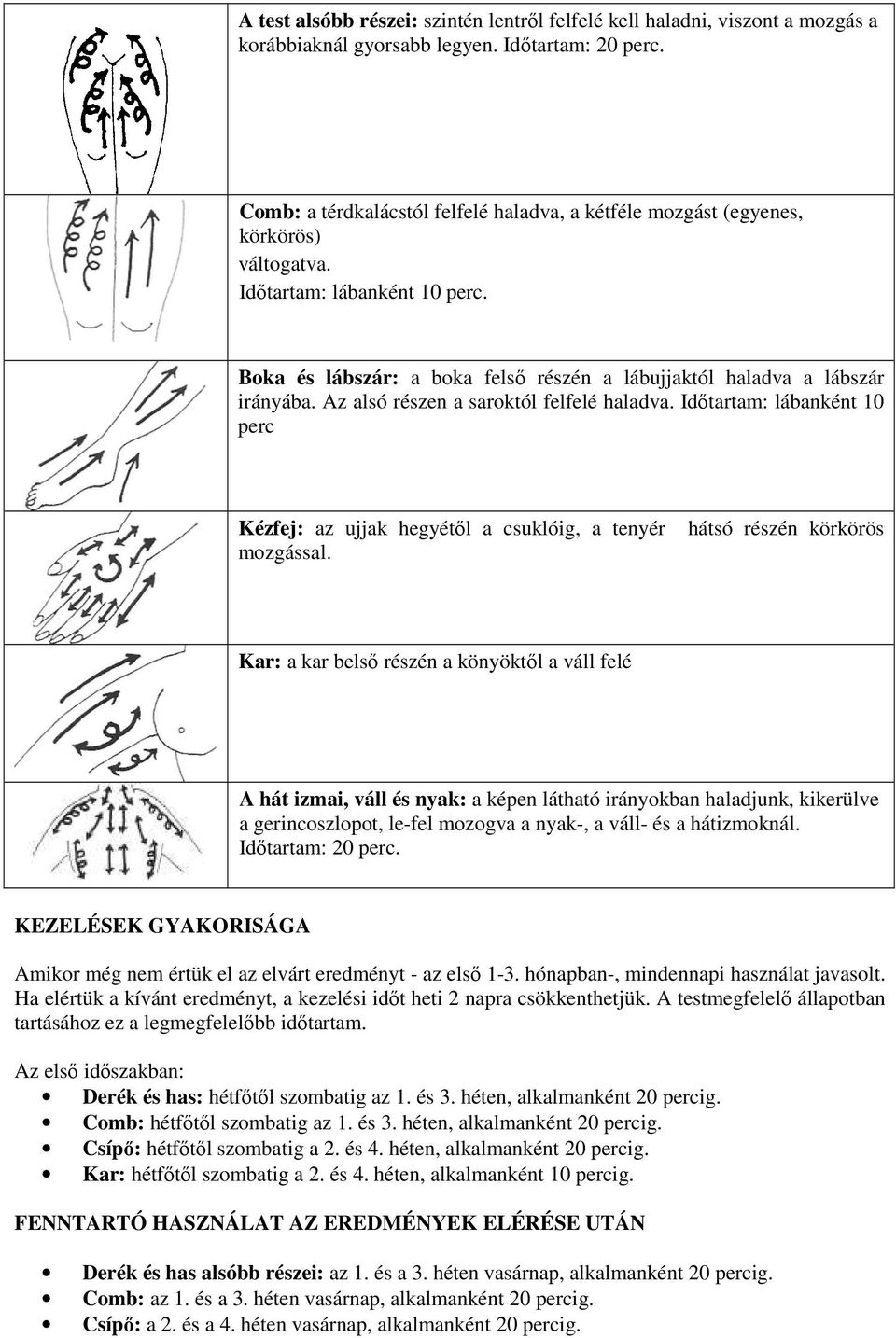Az alsó részen a saroktól felfelé haladva. Időtartam: lábanként 10 perc Kézfej: az ujjak hegyétől a csuklóig, a tenyér mozgással.