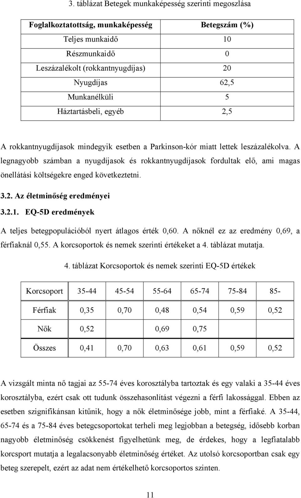 A legnagyobb számban a nyugdíjasok és rokkantnyugdíjasok fordultak elő, ami magas önellátási költségekre enged következtetni. 3.2. Az életminőség eredményei 3.2.1.