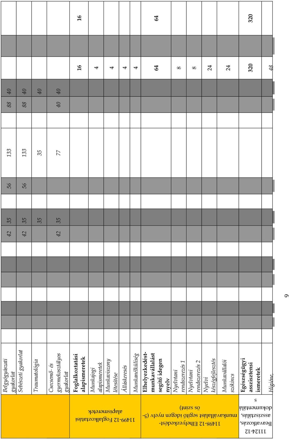 nyelv Nyelvtani rendszerezés 1 Nyelvtani rendszerezés 2 Nyelvi készégfejlesztés 64 64 8 8 24 Munkavállalói szókincs 24 Egészségügyi asszisztensi ismeretek 320 320
