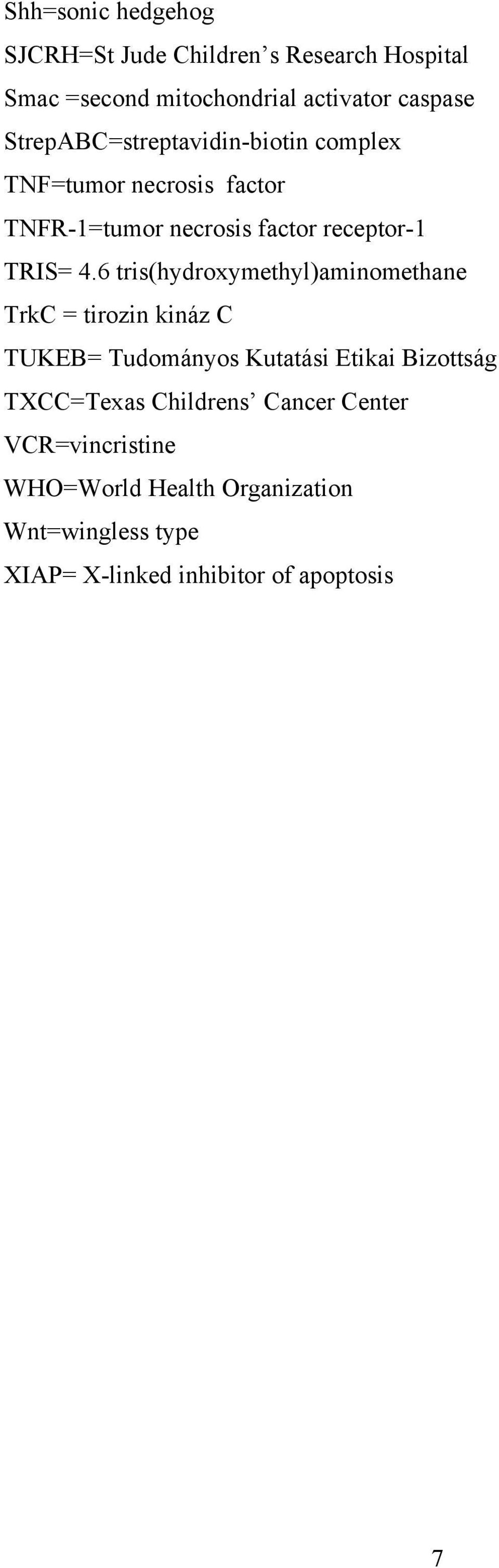 6 tris(hydroxymethyl)aminomethane TrkC = tirozin kináz C TUKEB= Tudományos Kutatási Etikai Bizottság TXCC=Texas