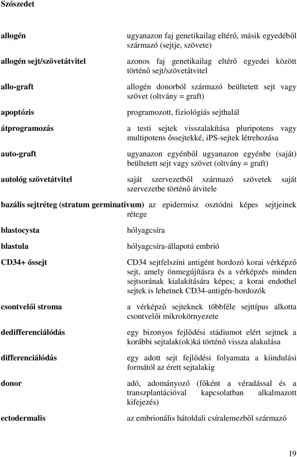 multipotens őssejtekké, ips-sejtek létrehozása ugyanazon egyénből ugyanazon egyénbe (saját) beültetett sejt vagy szövet (oltvány = graft) autológ szövetátvitel saját szervezetből származó szövetek