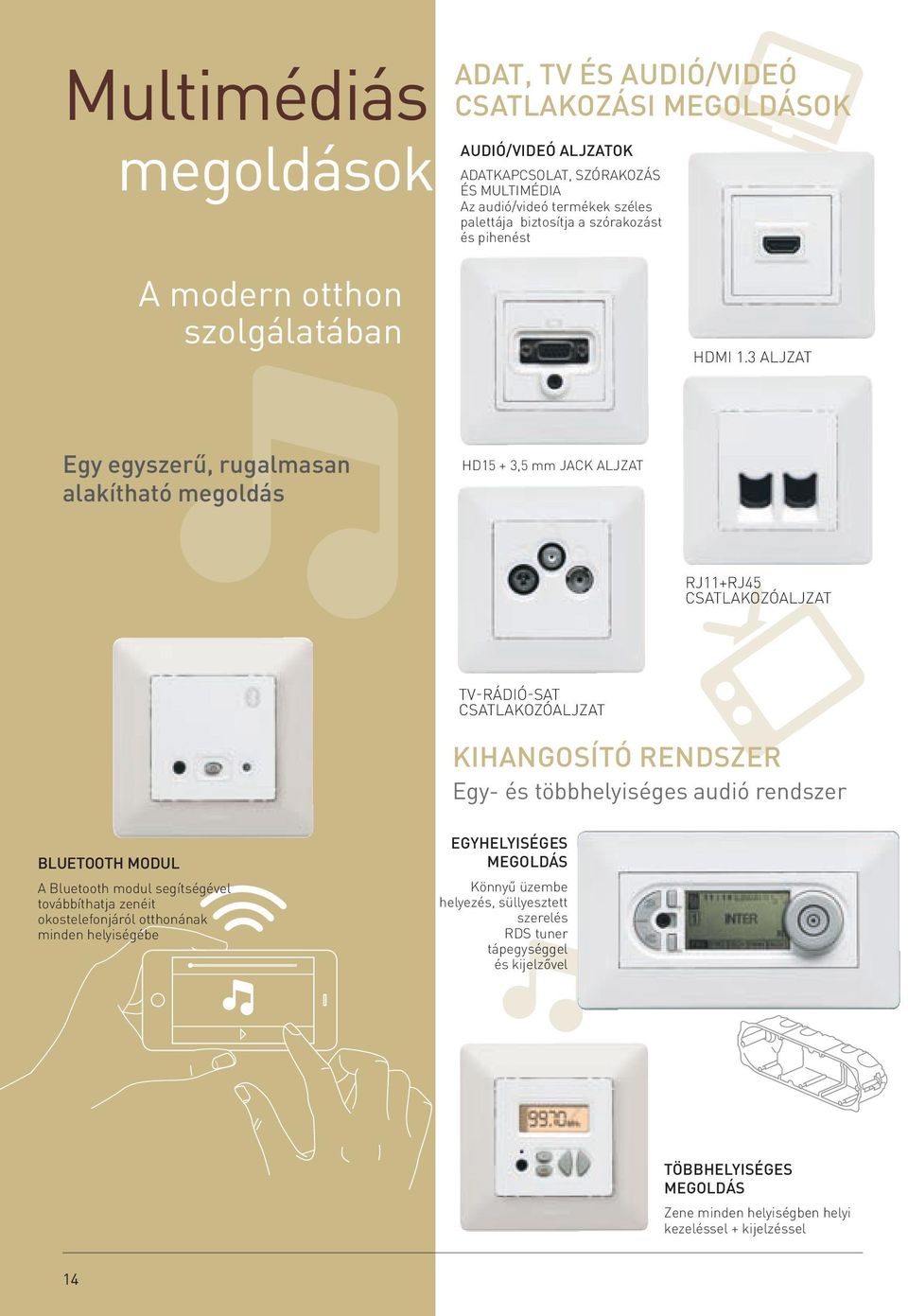 3 ALJZAT Egy egyszerű, rugalmasan alakítható megoldás HD15 + 3,5 mm JACK ALJZAT RJ11+RJ45 CSATLAKOZÓALJZAT TV-RÁDIÓ-SAT CSATLAKOZÓALJZAT KIHANGOSÍTÓ RENDSZER Egy- és többhelyiséges audió