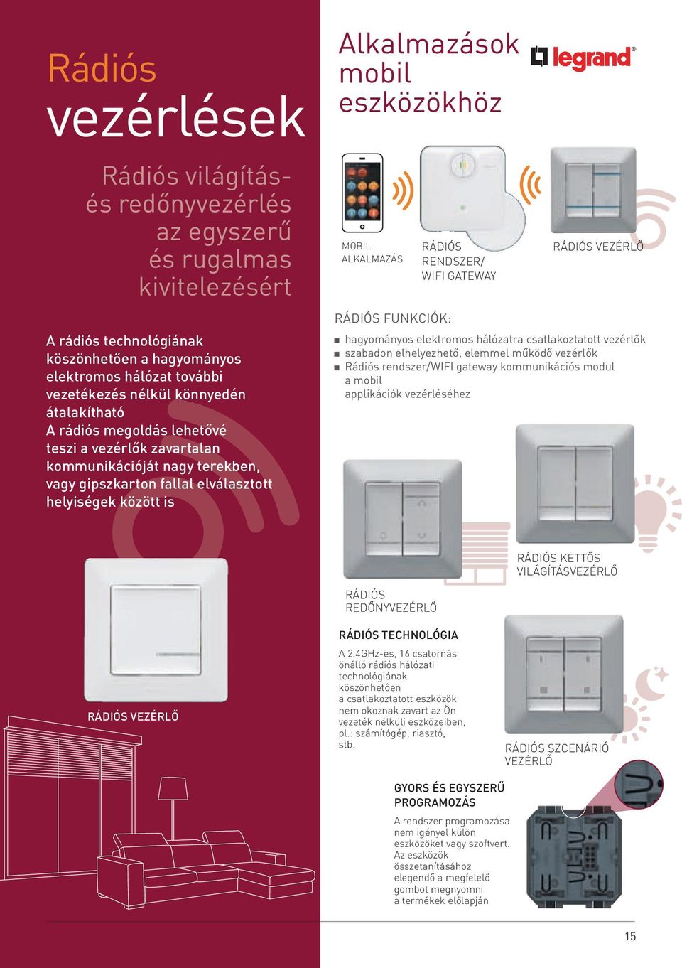 ALKALMAZÁS RÁDIÓS RENDSZER/ WIFI GATEWAY RÁDIÓS VEZÉRLŐ RÁDIÓS FUNKCIÓK: hagyományos elektromos hálózatra csatlakoztatott vezérlők szabadon elhelyezhető, elemmel működő vezérlők Rádiós rendszer/wifi