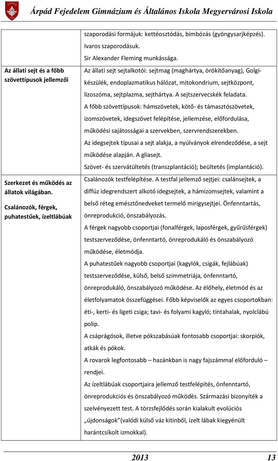 Csalánozók, férgek, puhatestűek, ízeltlábúak Az állati sejt sejtalkotói: sejtmag (maghártya, örökítőanyag), Golgikészülék, endoplazmatikus hálózat, mitokondrium, sejtközpont, lizoszóma, sejtplazma,