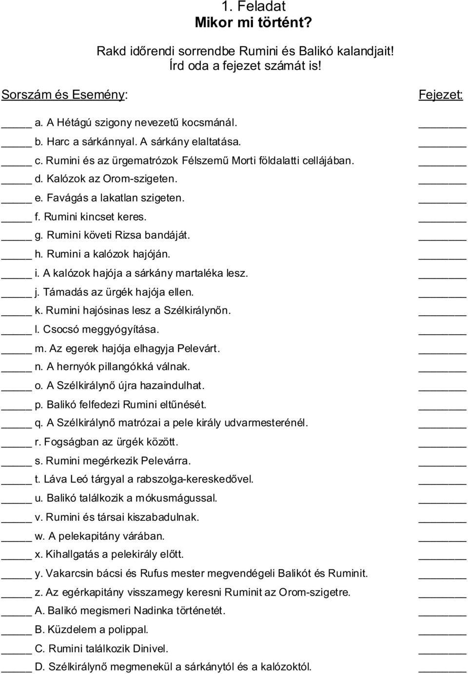 Rumini követi Rizsa bandáját. h. Rumini a kalózok hajóján. i. A kalózok hajója a sárkány martaléka lesz. j. Támadás az ürgék hajója ellen. k. Rumini hajósinas lesz a Szélkirálynőn. l. Csocsó meggyógyítása.