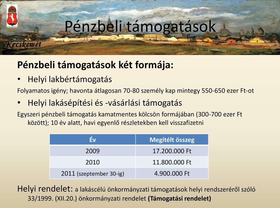 között); 10 év alatt, havi egyenlő részletekben kell visszafizetni Év Megítélt összeg 2009 17.200.000 Ft 2010 11.800.