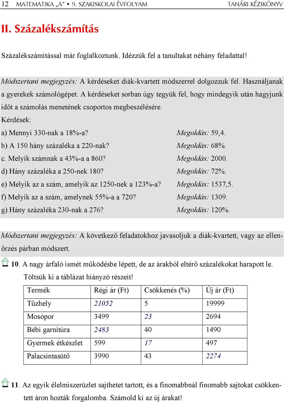 A kérdéseket sorban úgy tegyük fel, hogy mindegyik után hagyjunk időt a számolás menetének csoportos megbeszélésére. Kérdések: a) Mennyi 330-nak a 18%-a? 59,4. b) A 150 hány százaléka a 220-nak? 68%.