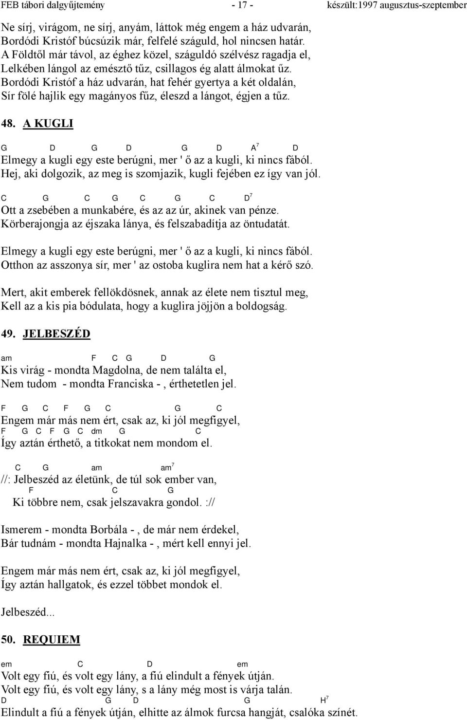 Bordódi Kristóf a ház udvarán, hat fehér gyertya a két oldalán, Sír fölé hajlik egy magányos fűz, éleszd a lángot, égjen a tűz. 48.