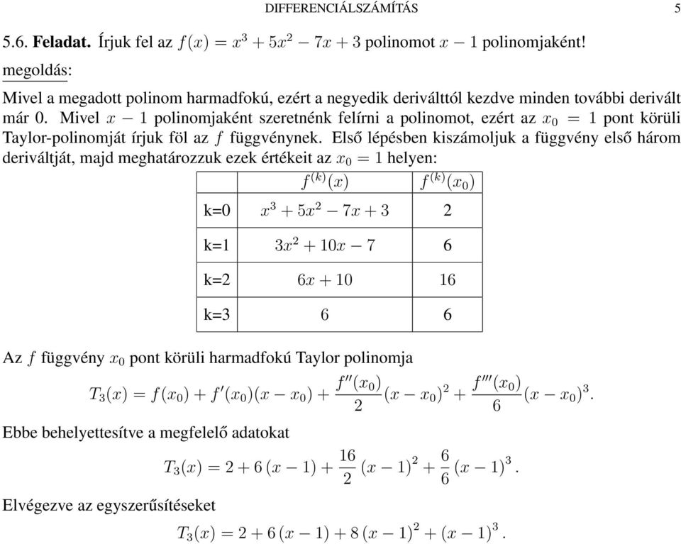 Mivel x polinomjaként szeretnénk felírni a polinomot, ezért az x 0 = pont körüli Taylor-polinomját írjuk föl az f függvénynek.