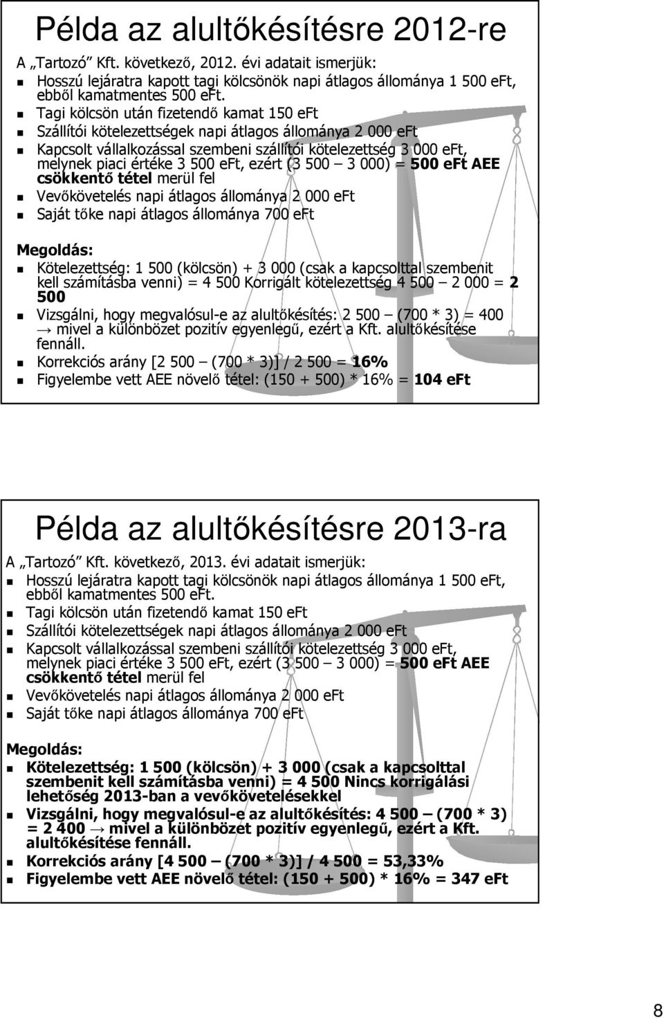 ezért (3 500 3 000) = 500eFt AEE csökkentő tétel merül fel Vevőkövetelés napi átlagos állománya 2 000 eft Saját tőke napi átlagos állománya 700 eft Megoldás: Kötelezettség: 1 500 (kölcsön) + 3 000