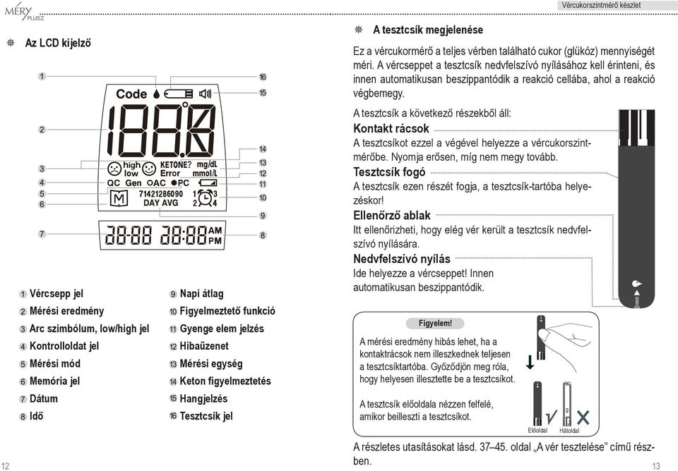 12 13 Ez a vércukormérô a teljes vérben található cukor (glükóz) mennyiségét méri.