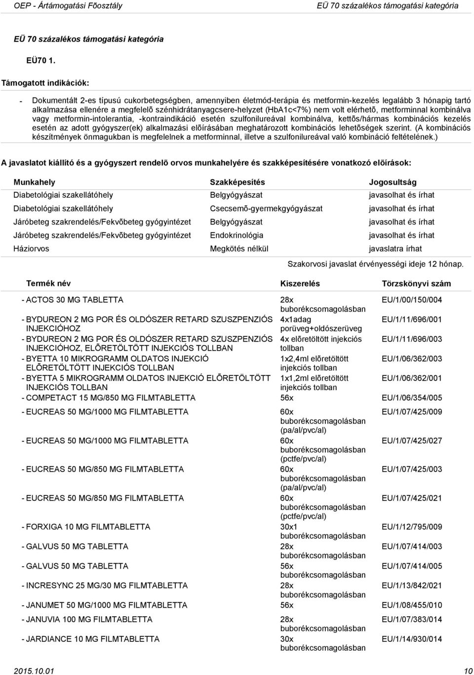 elérhetõ, metforminnal kombinálva vagy metforminintolerantia, kontraindikáció esetén szulfonilureával kombinálva, kettõs/hármas kombinációs kezelés esetén az adott gyógyszer(ek) alkalmazási