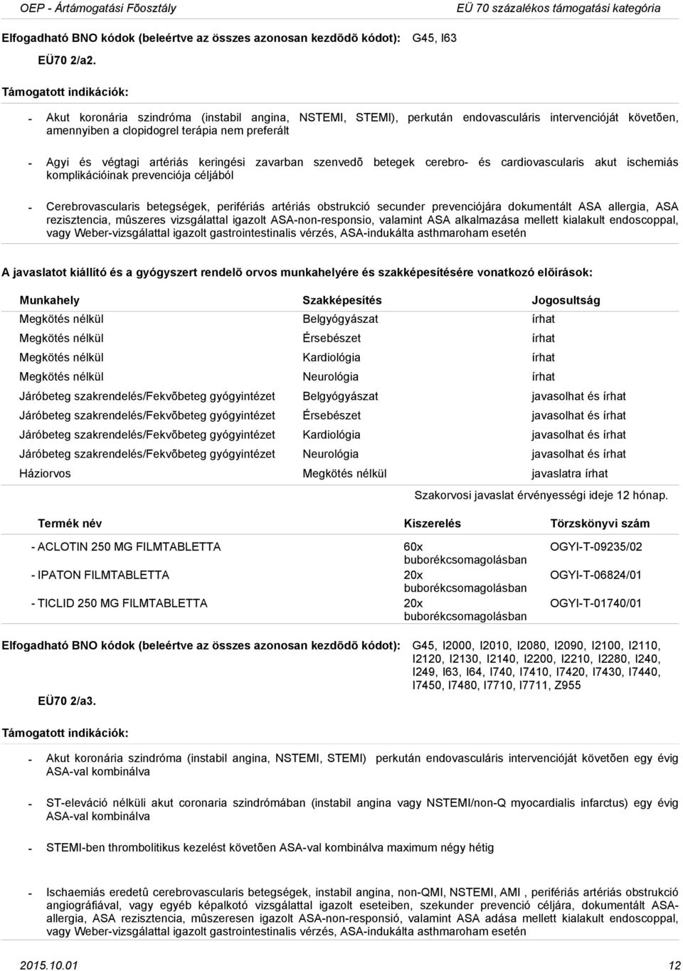 preferált Agyi és végtagi artériás keringési zavarban szenvedõ betegek cerebro és cardiovascularis akut ischemiás komplikációinak prevenciója céljából Cerebrovascularis betegségek, perifériás