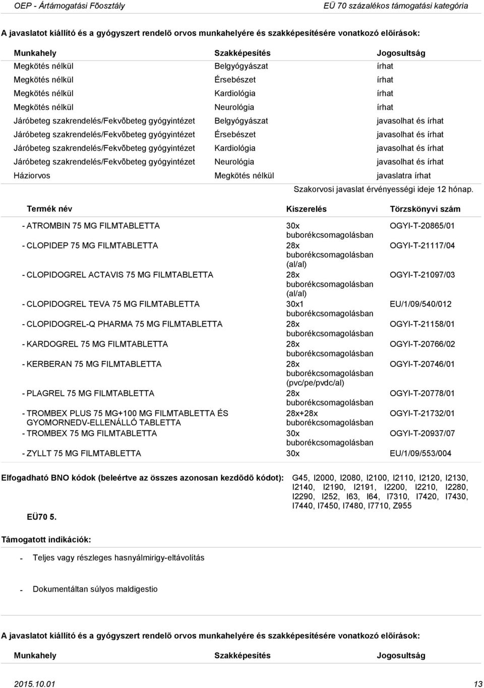 gyógyintézet Kardiológia javasolhat és írhat Járóbeteg szakrendelés/fekvõbeteg gyógyintézet Neurológia javasolhat és írhat ATROMBIN 75 MG FILMTABLETTA 30x OGYIT20865/01 CLOPIDEP 75 MG FILMTABLETTA