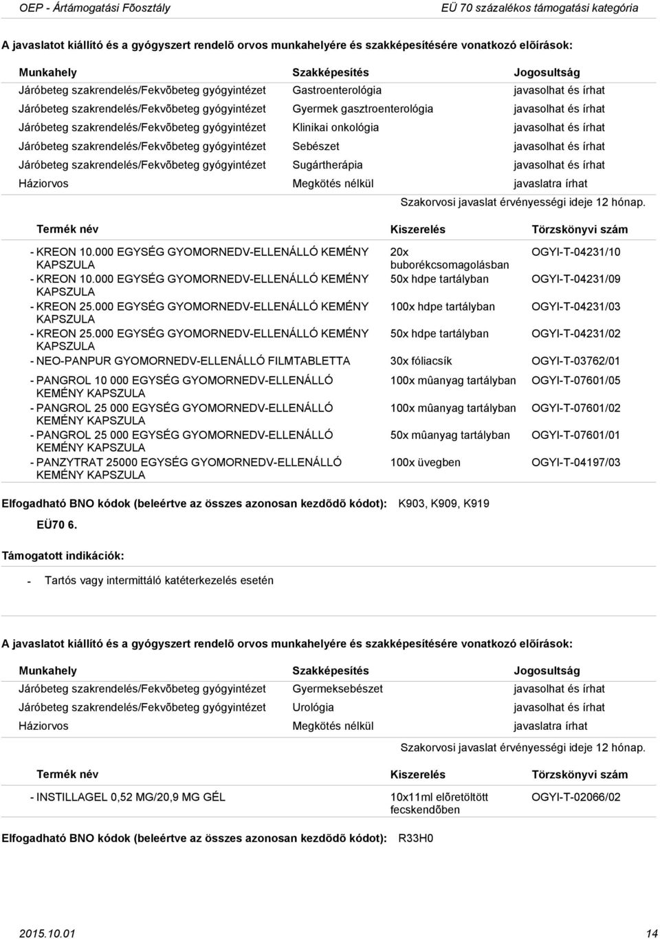 és írhat Járóbeteg szakrendelés/fekvõbeteg gyógyintézet Sugártherápia javasolhat és írhat KREON 10.000 EGYSÉG GYOMORNEDVELLENÁLLÓ KEMÉNY 20x OGYIT04231/10 KAPSZULA KREON 10.