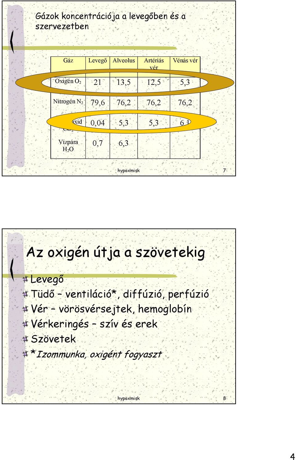 5,3 6,1 0,7 6,3 hypoxmisk 7 Az oxigén útja a szövetekig Levegő Tüdő ventiláció*, diffúzió, perfúzió