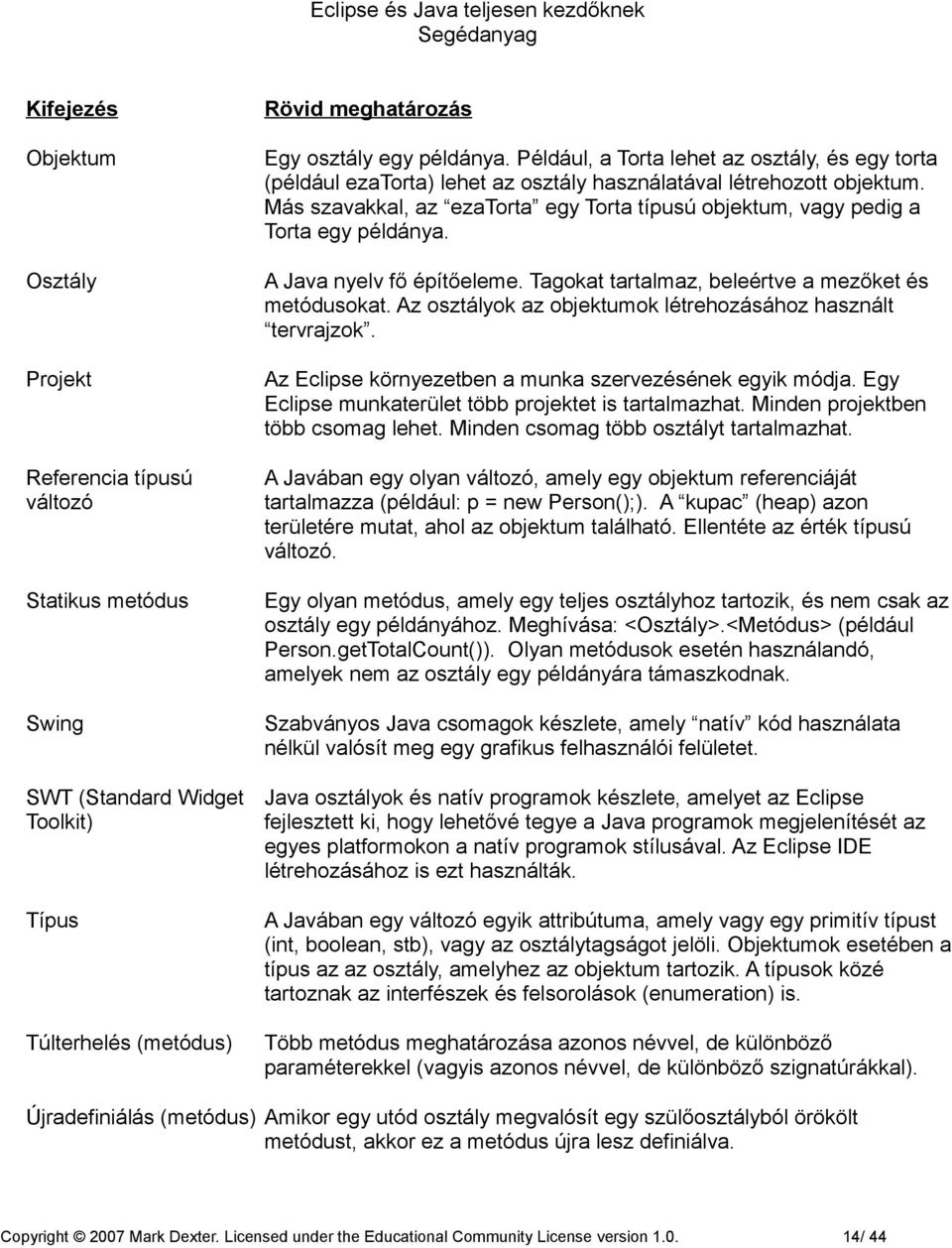 Más szavakkal, az ezatorta egy Torta típusú objektum, vagy pedig a Torta egy példánya. A Java nyelv fő építőeleme. Tagokat tartalmaz, beleértve a mezőket és metódusokat.