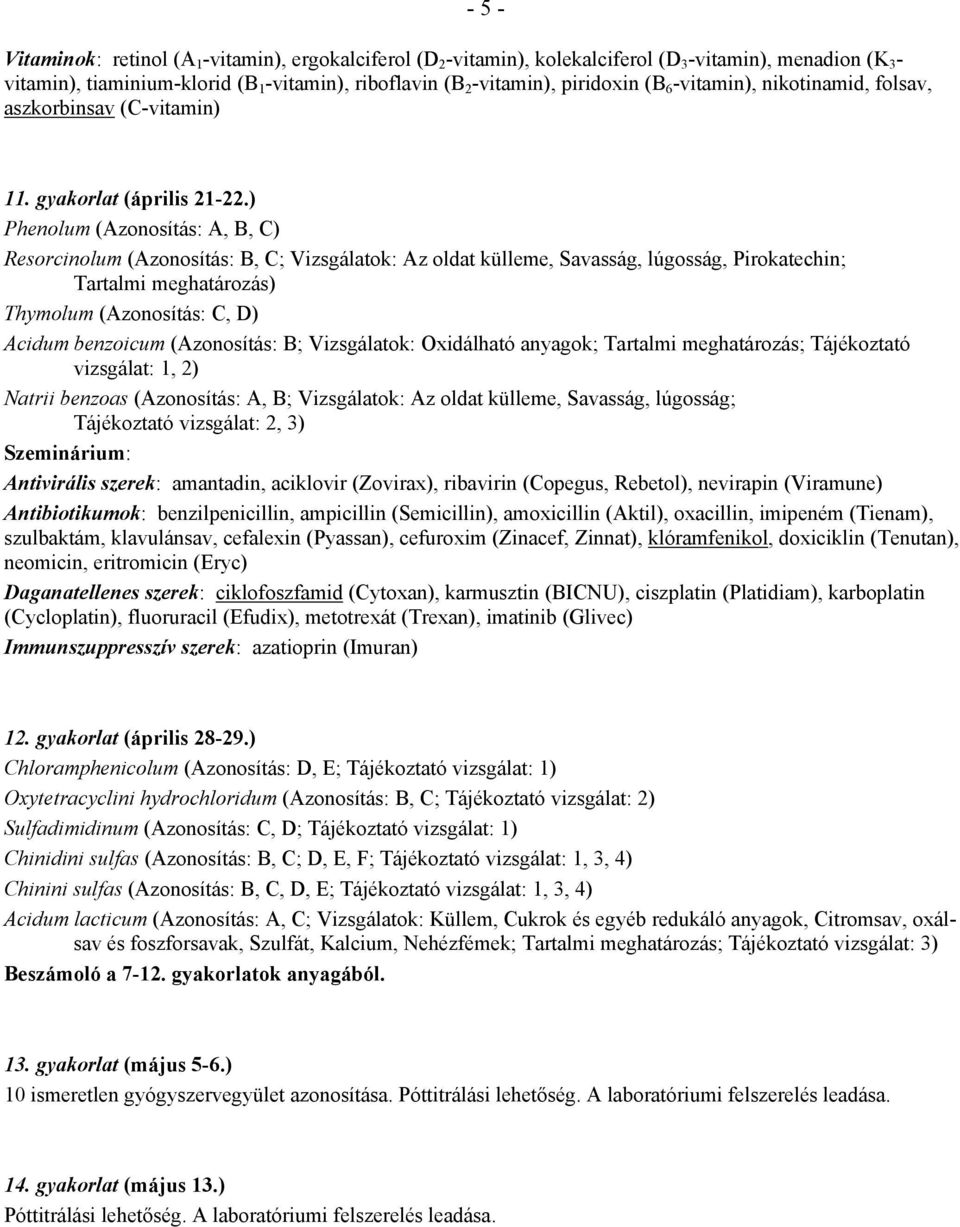 ) Phenolum (Azonosítás: A, B, C) Resorcinolum (Azonosítás: B, C; Vizsgálatok: Az oldat külleme, Savasság, lúgosság, Pirokatechin; Thymolum (Azonosítás: C, D) Acidum benzoicum (Azonosítás: B;