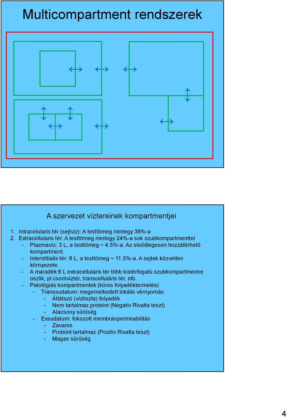 5%-a. A sejtek közvetlen környezete. - A maradék 6 L extracellularis tér több kistérfogatú szubkompartmentre oszlik, pl csontvíztér, transcelluláris tér, stb.