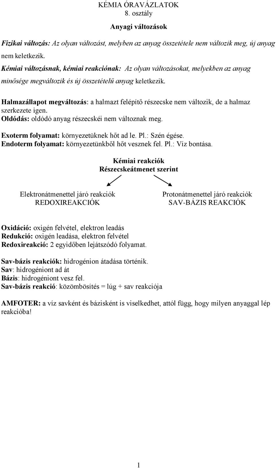 Halmazállapot megváltozás: a halmazt felépítő részecske nem változik, de a halmaz szerkezete igen. Oldódás: oldódó anyag részecskéi nem változnak meg. Exoterm folyamat: környezetüknek hőt ad le. Pl.