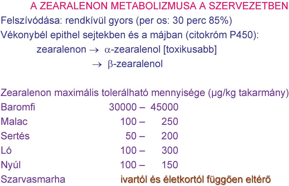 -zearalenol Zearalenon maximális tolerálható mennyisége (µg/kg takarmány) Baromfi 30000 45000