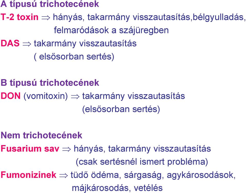 takarmány visszautasítás (elsősorban sertés) Nem trichotecének Fusarium sav hányás, takarmány