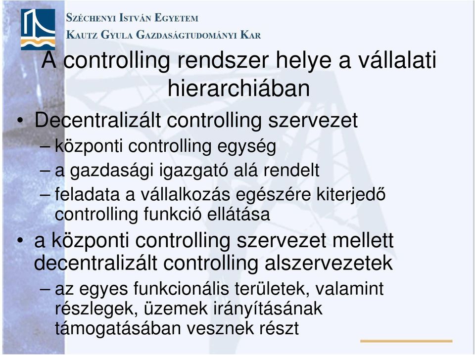 controlling funkció ellátása a központi controlling szervezet mellett decentralizált controlling