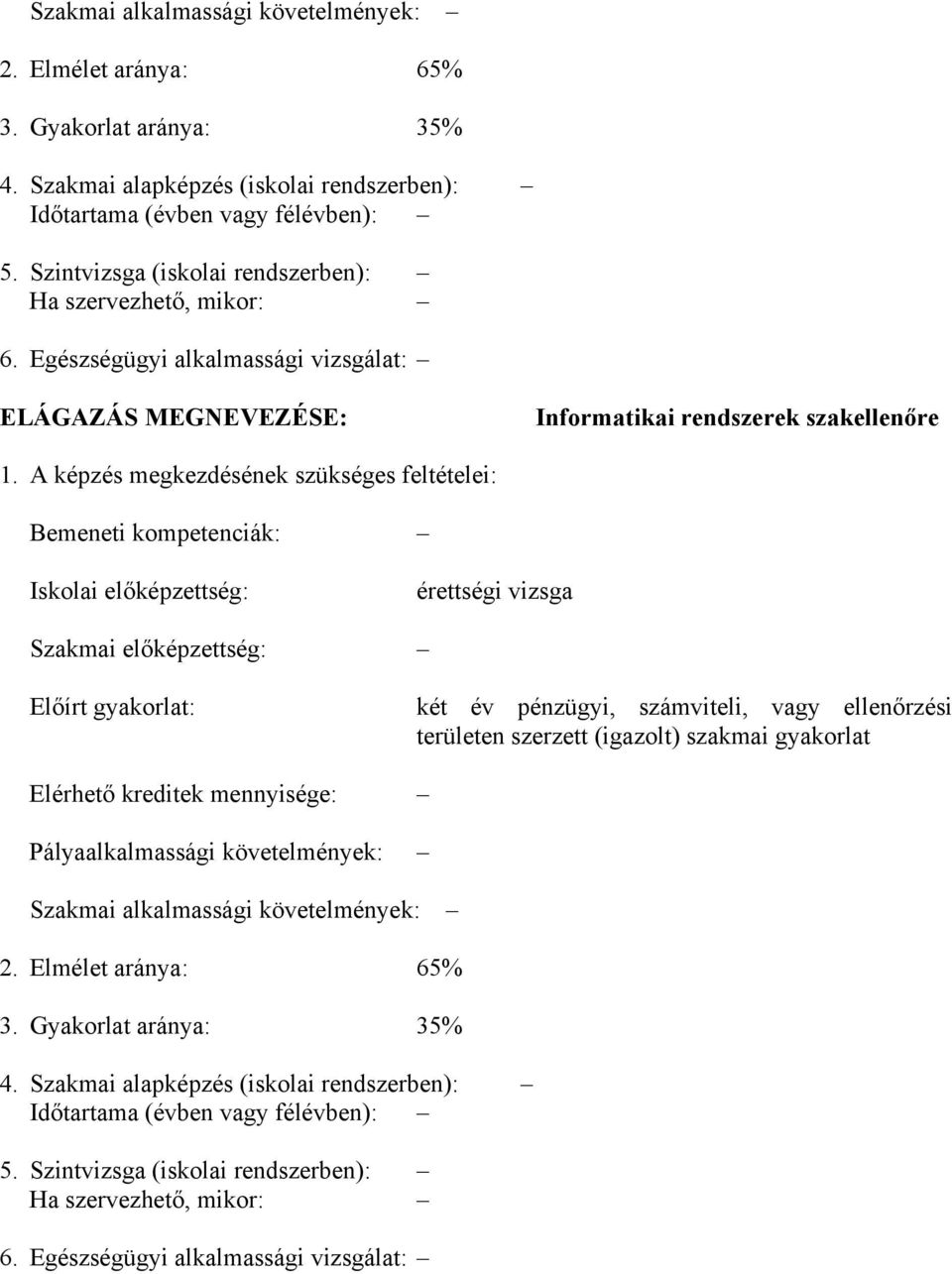 A képzés megkezdésének szükséges feltételei: Bemeneti kompetenciák: Iskolai előképzettség: érettségi vizsga Szakmai előképzettség: Előírt gyakorlat: két év pénzügyi, számviteli, vagy ellenőrzési