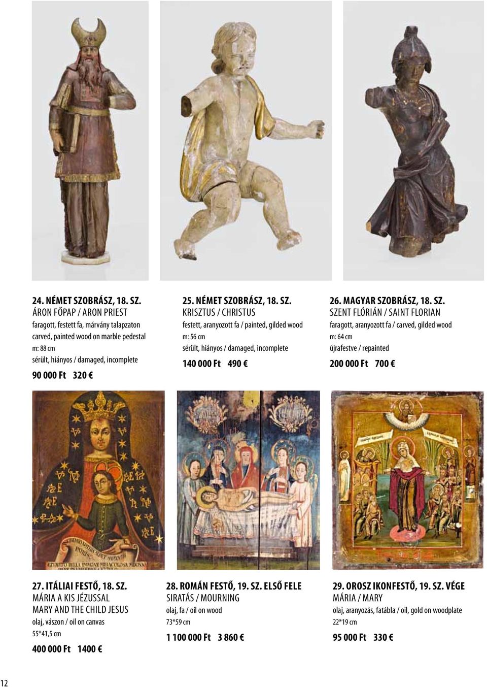 Itáliai festő, 18. sz. Mária a kis Jézussal Mary and the child Jesus 55*41,5 cm 400 000 Ft 1400 28. Román festő, 19. sz. első fele Siratás / Mourning olaj, fa / oil on wood 73*59 cm 1 100 000 Ft 3 860 29.