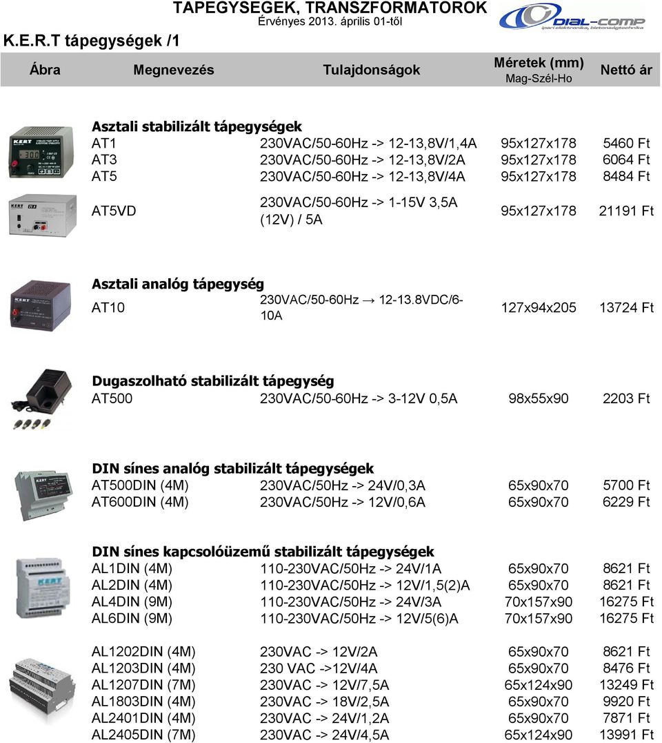 ÁTOROK Érvényes 2013. április 01-től K.E.R.T tápegységek /1 Asztali stabilizált tápegységek AT1 230VAC/50-60Hz -> 12-13,8V/1,4A 95x127x178 5460 Ft AT3 230VAC/50-60Hz -> 12-13,8V/2A 95x127x178 6064 Ft