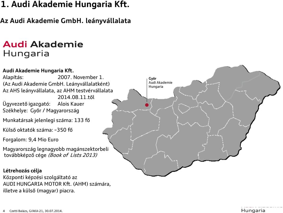 től Ügyvezető igazgató: Alois Kauer Székhelye: Győr / Magyarország Györ Audi Akademie Hungaria Munkatársak jelenlegi száma: 133 fő Külső oktatók száma: ~350 fő
