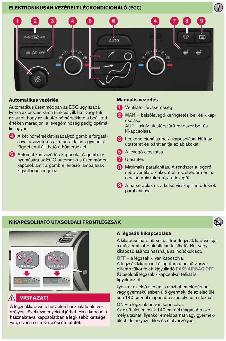 4 A két hőmérséklet-szabályzó gomb elforgatásával a vezető és az utas oldalán egymástól függetlenül állítható a hőmérséklet. 6 Automatikus vezérlés kapcsoló.