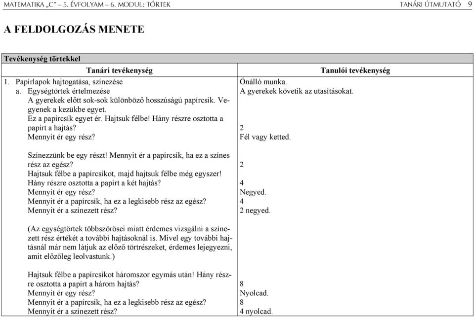 Mennyit ér egy rész? Színezzünk be egy részt! Mennyit ér a papírcsík, ha ez a színes rész az egész? Hajtsuk félbe a papírcsíkot, majd hajtsuk félbe még egyszer!