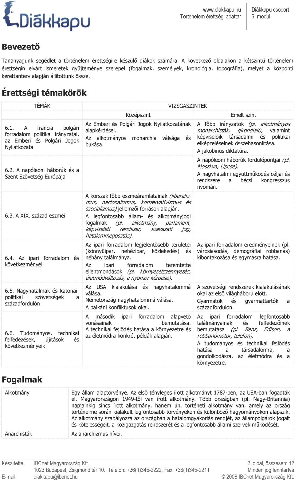 Érettségi témakörök TÉMÁK 6.1. A francia polgári forradalom politikai irányzatai, az Emberi és Polgári Jogok Nyilatkozata 6.2. A napóleoni háborúk és a Szent Szövetség Európája 6.3. A XIX.