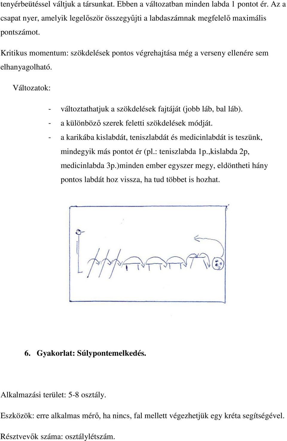 - a különböző szerek feletti szökdelések módját. - a karikába kislabdát, teniszlabdát és medicinlabdát is teszünk, mindegyik más pontot ér (pl.: teniszlabda 1p.,kislabda 2p, medicinlabda 3p.