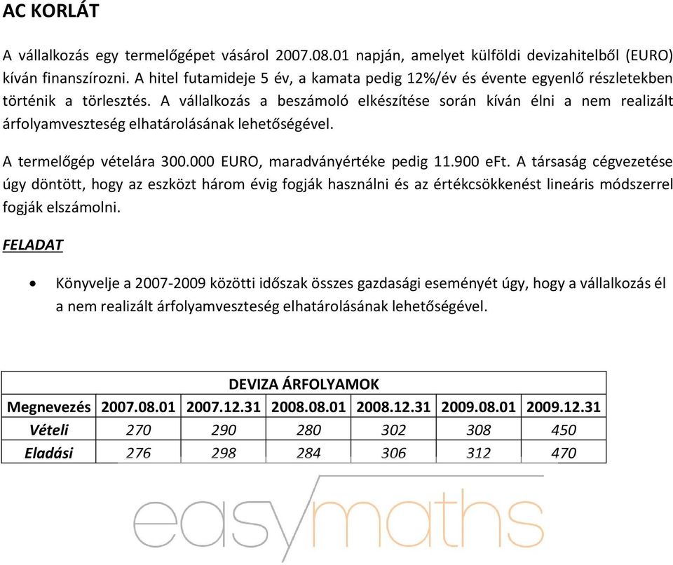 A vállalkozás a beszámoló elkészítése során kíván élni a nem realizált árfolyamveszteség elhatárolásának lehetőségével. A termelőgép vételára 300.000 EURO, maradványértéke pedig 11.900 eft.