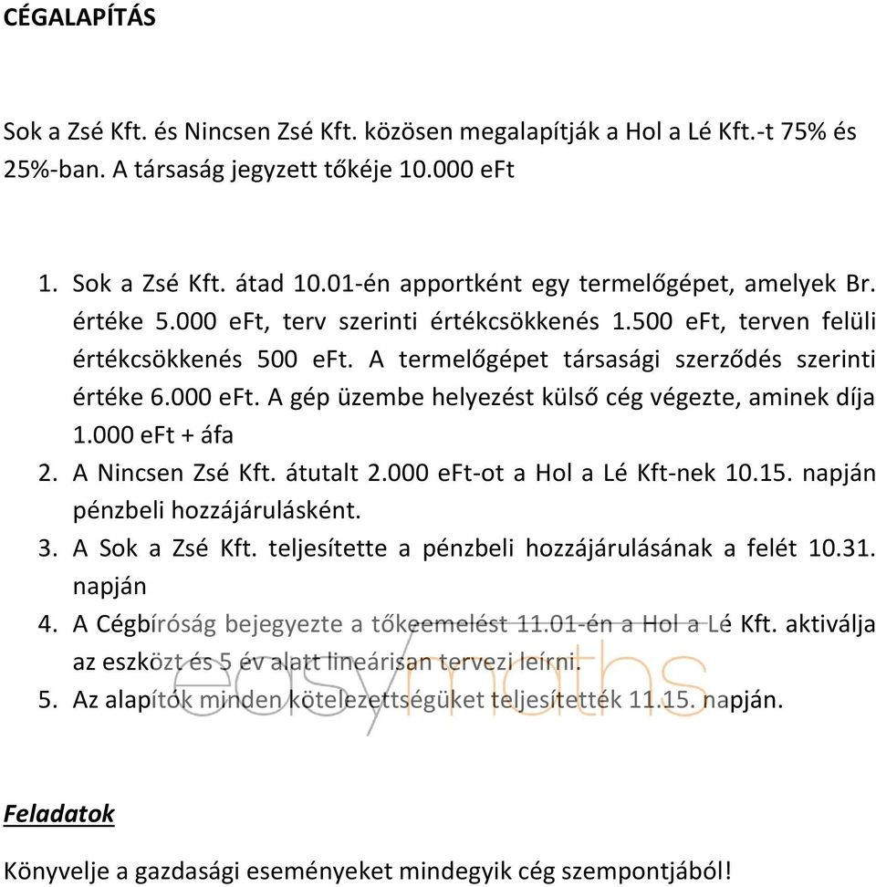 000 eft. A gép üzembe helyezést külső cég végezte, aminek díja 1.000 eft + áfa 2. A Nincsen Zsé Kft. átutalt 2.000 eft-ot a Hol a Lé Kft-nek 10.15. napján pénzbeli hozzájárulásként. 3.