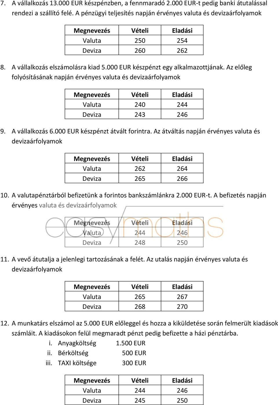 Az előleg folyósításának napján érvényes valuta és devizaárfolyamok Valuta 240 244 Deviza 243 246 9. A vállalkozás 6.000 EUR készpénzt átvált forintra.