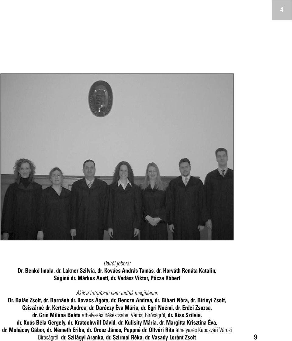 Kertész Andrea, dr. Daróczy Éva Mária, dr. Egri Noémi, dr. Erdei Zsuzsa, dr. Grin Miléna Beáta áthelyezés Békéscsabai Városi Bíróságról, dr. Kiss Szilvia, dr. Koós Béla Gergely, dr.