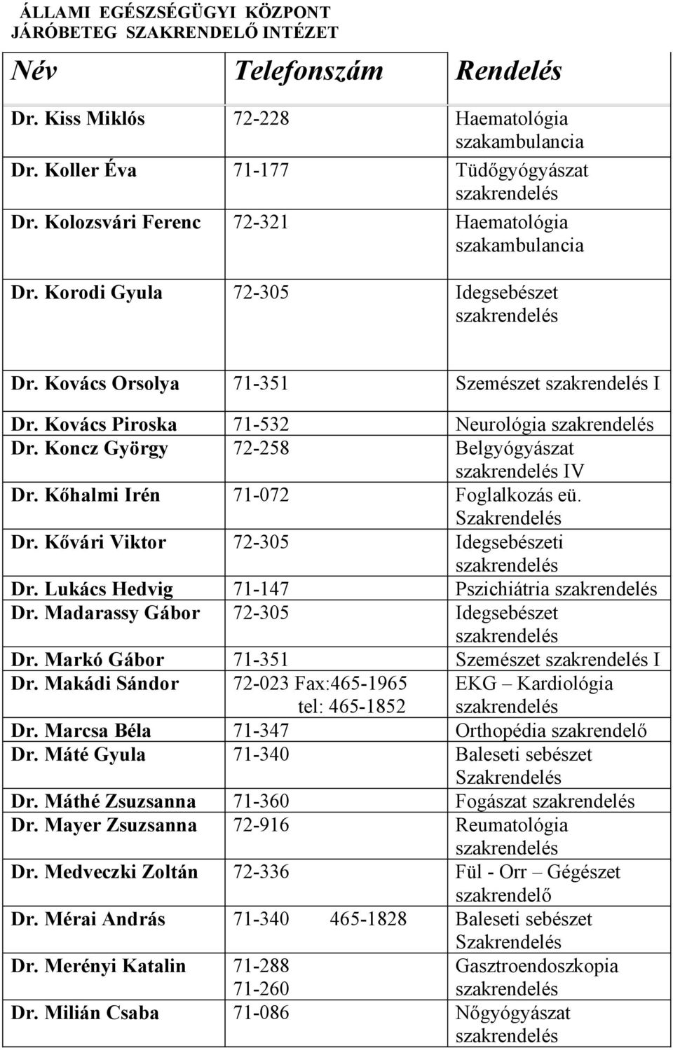 Madarassy Gábor 72-305 Idegsebészet Dr. Markó Gábor 71-351 Szemészet I Dr. Makádi Sándor 72-023 Fax:465-1965 tel: 465-1852 EKG Kardiológia Dr. Marcsa Béla 71-347 Orthopédia szakrendelő Dr.