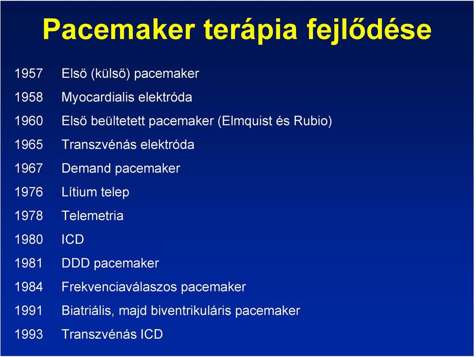 Demand pacemaker 1976 Lítium telep 1978 Telemetria 1980 ICD 1981 DDD pacemaker 1984