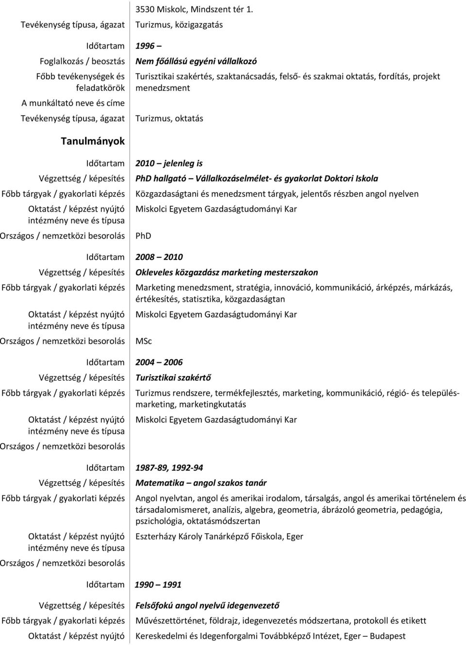 Időtartam 2010 jelenleg is PhD hallgató Vállalkozáselmélet- és gyakorlat Doktori Iskola Közgazdaságtani és menedzsment tárgyak, jelentős részben angol nyelven PhD Időtartam 2008 2010 Okleveles